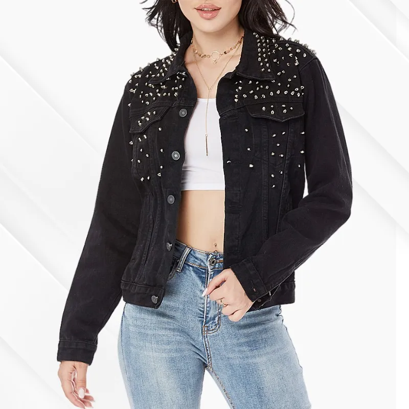 Fall Woman Black Denim Jackets Fashion Crop Rivet Jeans Jacket For Women