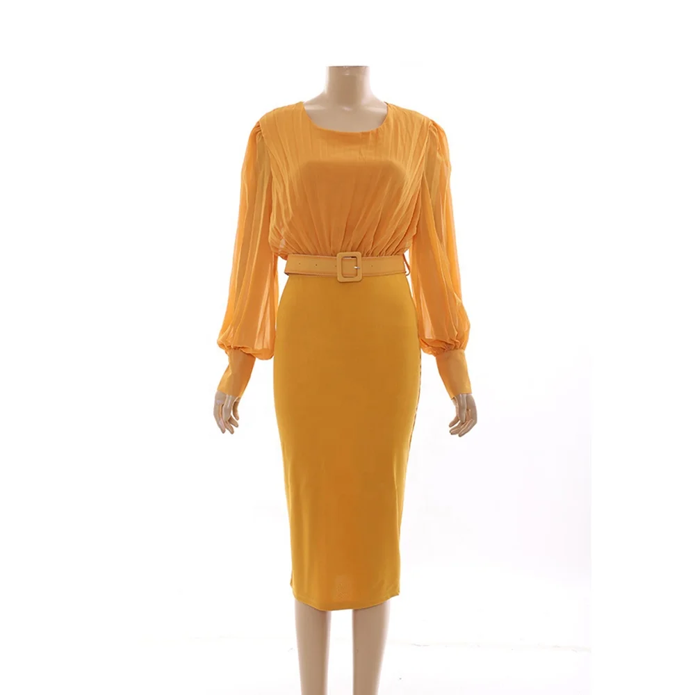 elegant ladies women customs Summer dresses long sleeve pleated skirt Ruched office chiffon wrap dress