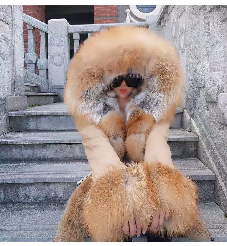 Fashionable Fox Fur Parka Woman Rabbit Fur Liner Winter Warm Real Fur Hood Parka