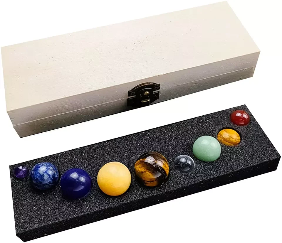 Galaxy Universe Healing Crystals Wooden Box Creative Gift Home  9 Planets Natural Gemstone Crystal Ball Set Solar System