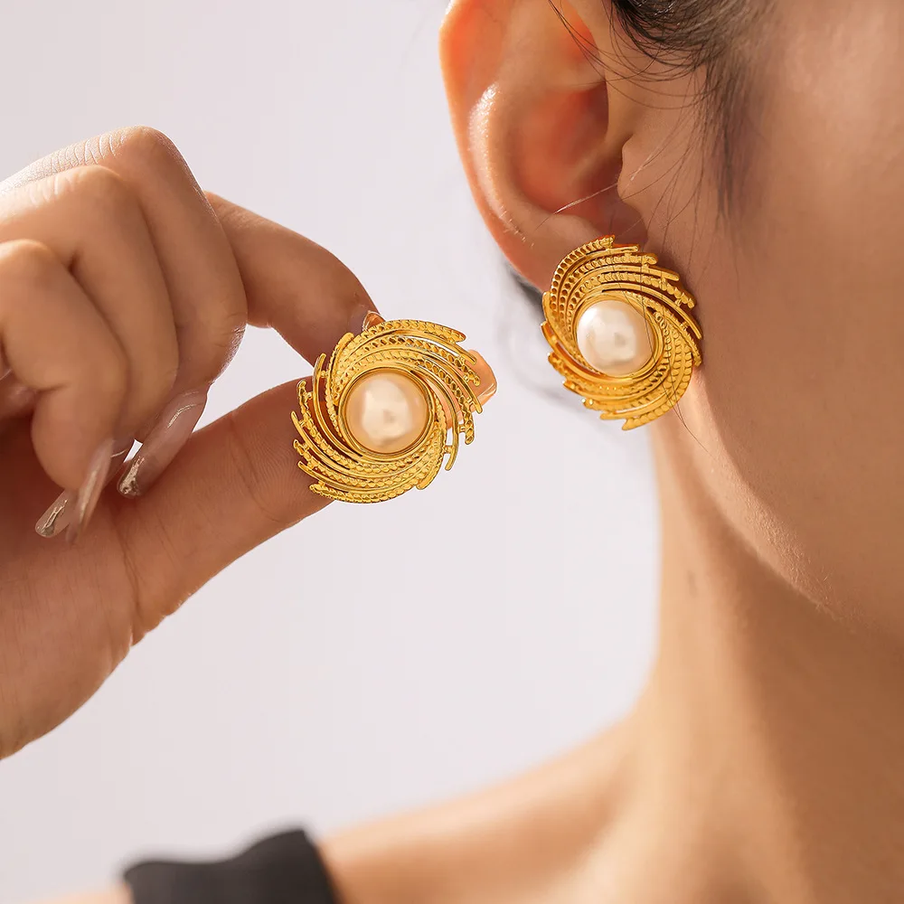 Hyperbole Irregular Geometric Earring 18k Gold Plated Stainless Steel Emerald Cat Eye Stone Inlay Spiral Coil Stud Earring