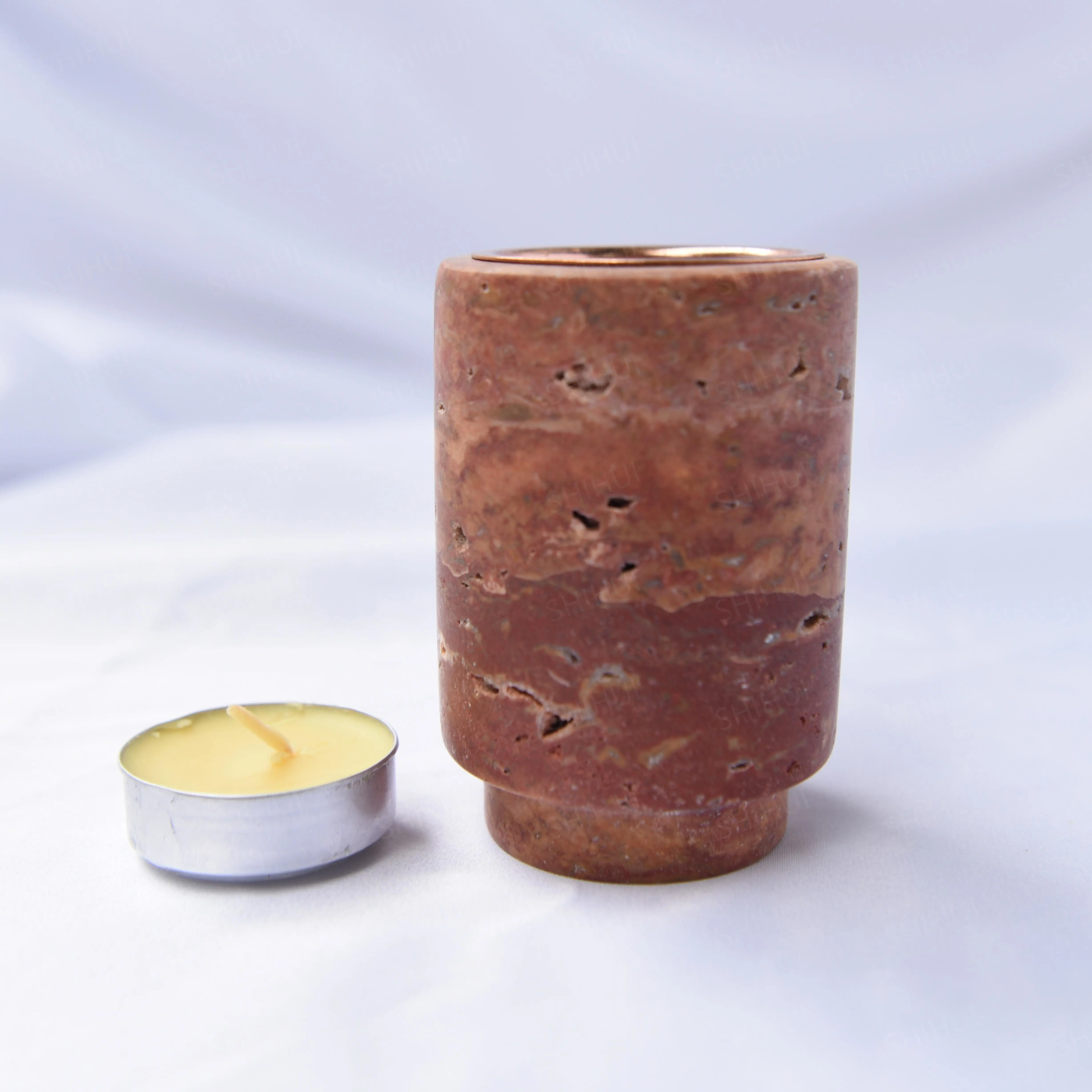 SHIHUI Natural Stone Candle Holders Luxury Red Travertine Marble Pillar Candle Holder