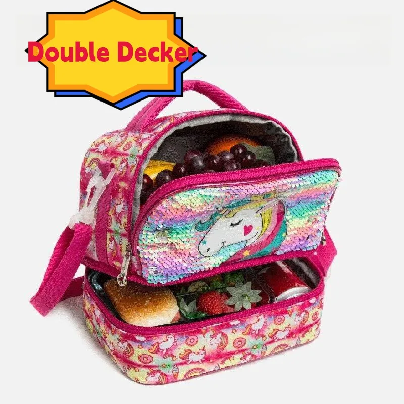 New Materials Laser Leather Lunch Box W Shoulder Strap For Boys Girls Daycare Double Decker Cooler Lunch Bag