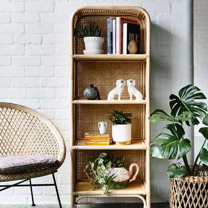 Dreamhause Rattan Shelving Bookshelf Bedroom Floor-to-ceiling Storage Display Removable Cabinet Retro Screen Partition Cabinet