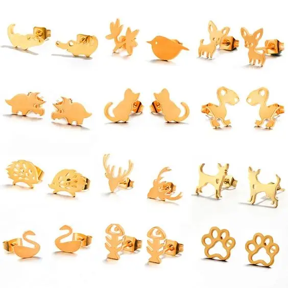 Lovely Cute Cat Dog Duck Elk Fish Rabbit Sheep Various Colorful Animal Zodiac Gold Silver Plated Girls Custom Stud Earrings