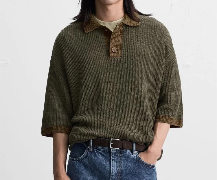 Man Dress Lapel Collar With Front Button Closure Short Sleeves Knitted Sweater Fashion Polo Neck Rib Hem Knitted Sweater For Man