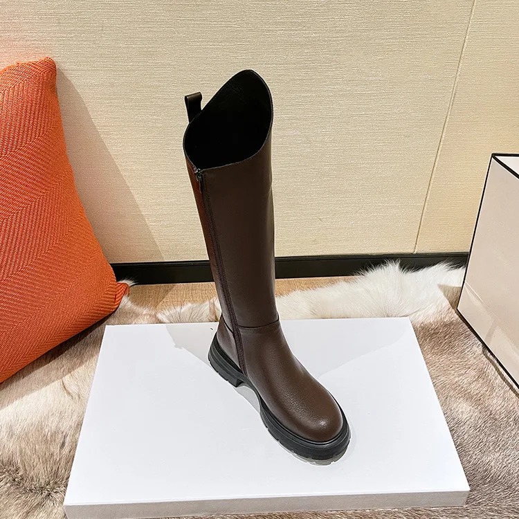 Новинка Осень-зима 2021 кожаные сапоги Детские коричневые дымчатые сапоги до колена с боковой молнией и круглым носком
