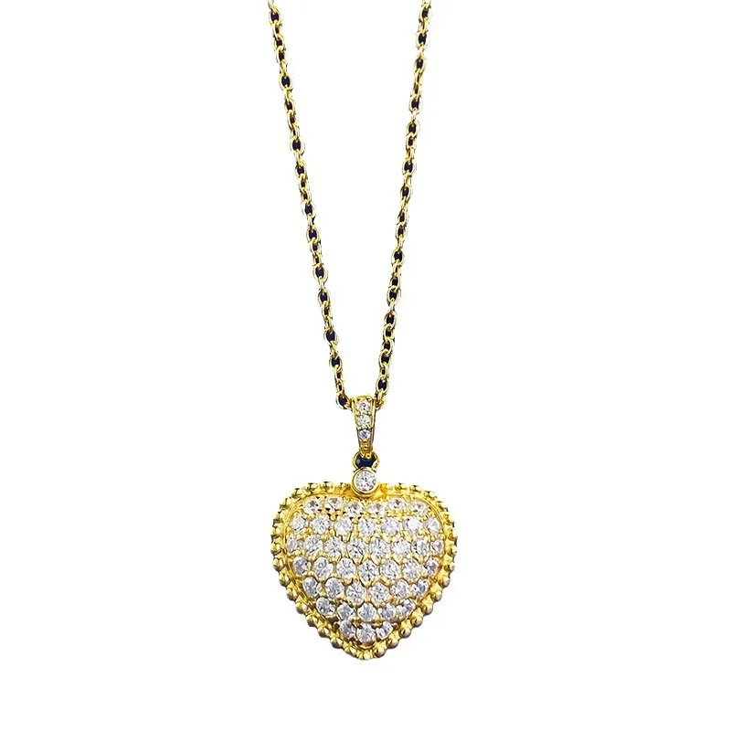 S925 silver gold-plated antique luxury set with diamond heart double-sided pendant, Chinese style necklace, wedding jewelry