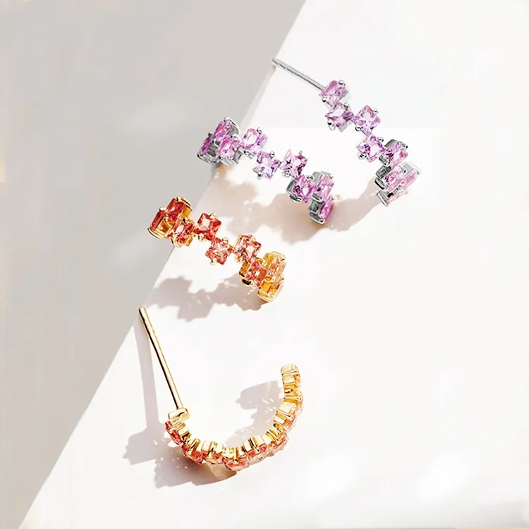 Full Stone C Hoop Ring 925 sterling silver Amethyst Topaz Color Cubic Zircon Petal Leaf Ring Lady Fine Jewelry wholesale