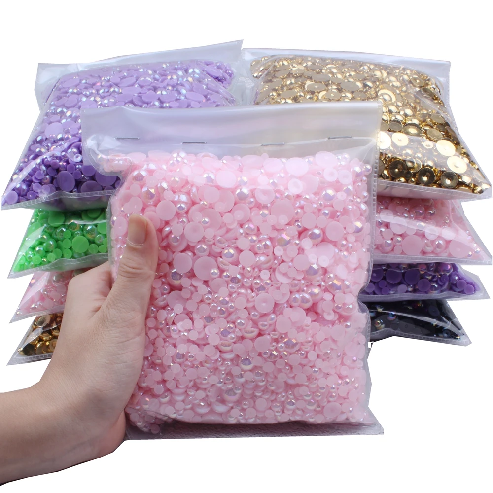 Hot Sale 5-12mm Mix Size 5000pcs Glue On Resin Half Round Flatback Beads For Clothes Dresses Shoes DIY Jewelry Accessories