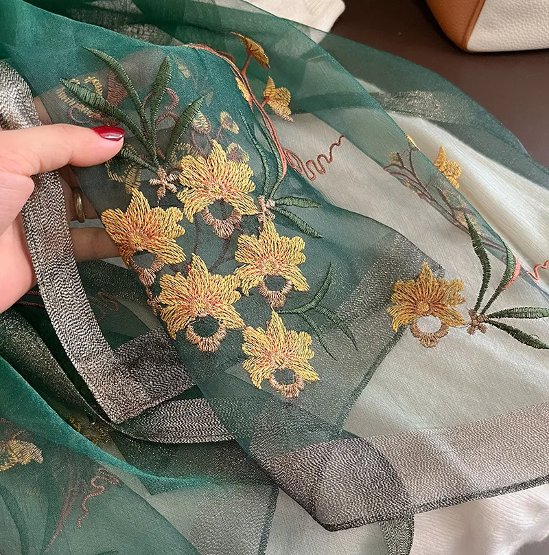 Wholesale Premium Embroidery 100% Pure Silk Scarf in Stock Elegant Flower Design Shimmer Edge Wool Blend Long Scarf for Ladies