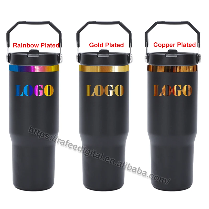 30oz 30 oz Rainbow/ Gold/ Copper Plated Base Laser Engrave Powder Coated Flip Straw Stainless Steel Tumbler Cup with Top Handle