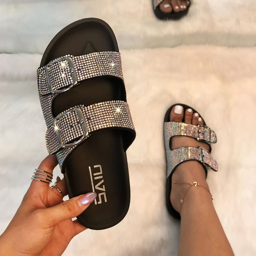 Women Platform Sandals Female Bling Wedges Shoes Handmade Rhinestones Slides Slip On Flat Sandalias