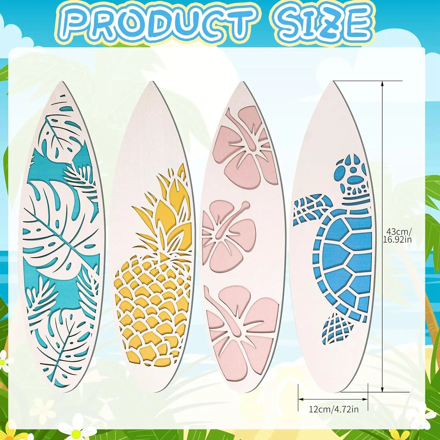 Wooden Beach Decor Summer Surfboard Wall Hanging Sign Tropical Hibiscus Sea Turtle Wood Signs for Bedroom Living Room Decor