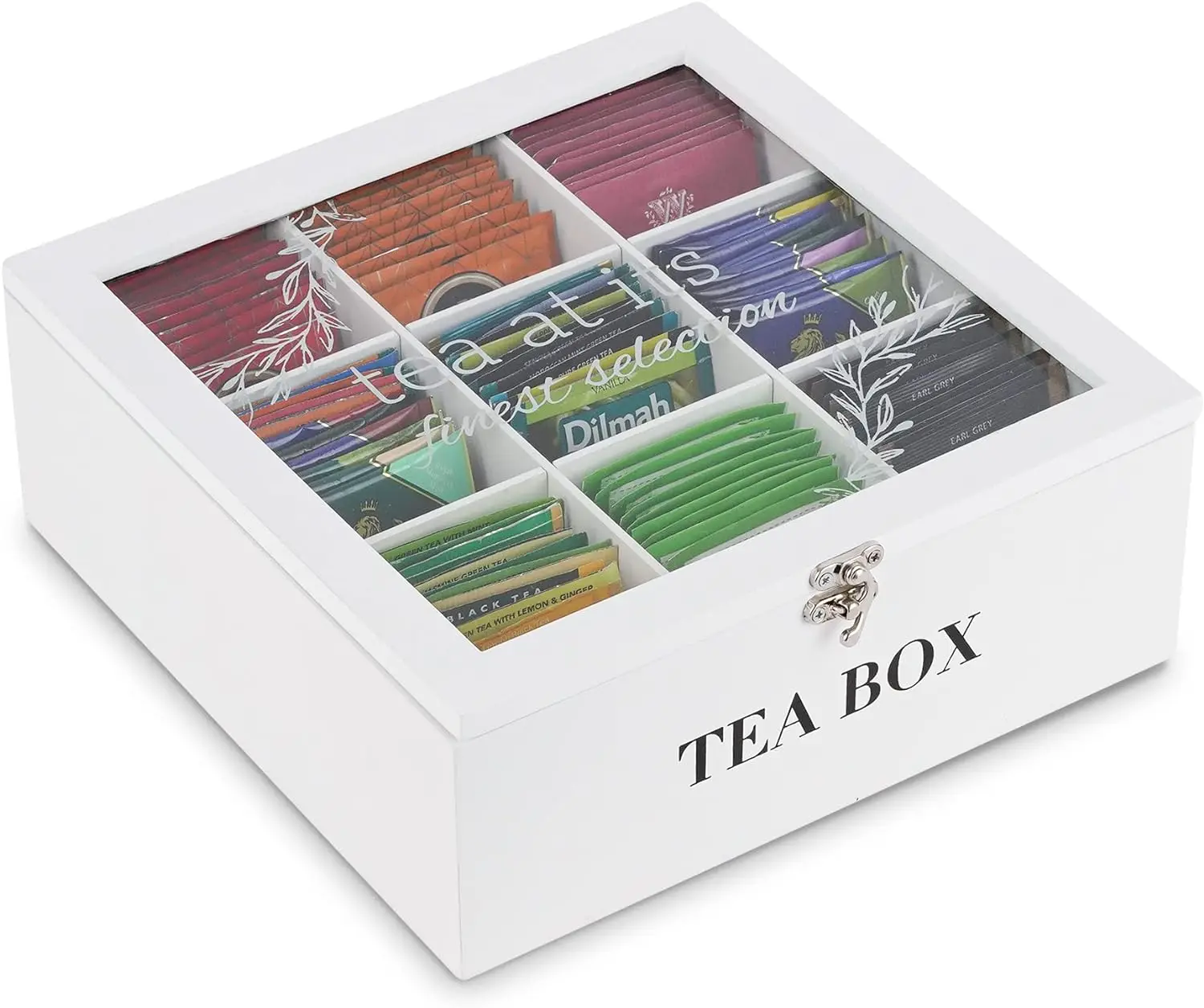 Modern 9 Compartment Wooden Tea Bag Holder Container Tea Caddy Box Organizer with Glass Cover for Display