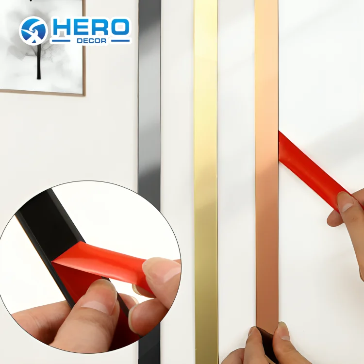 HERO Metal Wall Mirror Stainless Steel 201 & 304 Sticker Adhesive Metal Gold Wall Tile Edge Trim Flat Strip