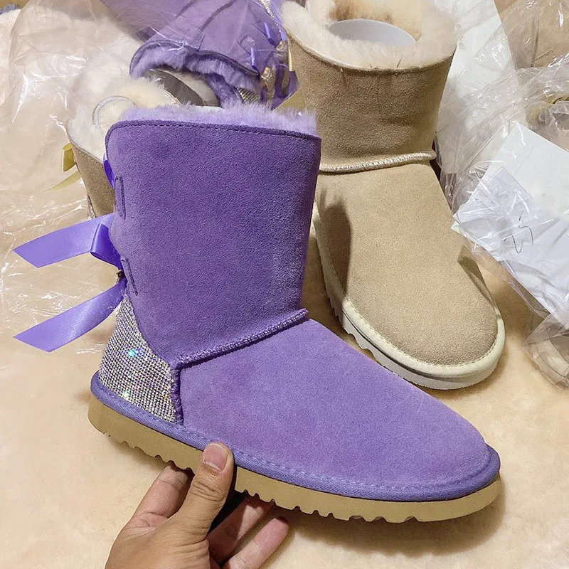 Customized Logo Wholesale fashion women rhinestones bling bling winter fur ladies snow boots with 2.3  bows