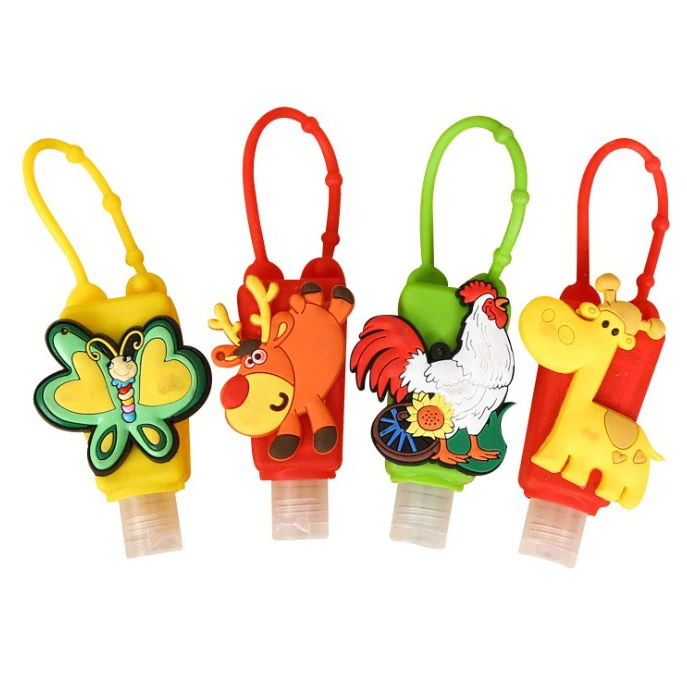 Cute Mini Portable Hand Sanitizer Dispenser Travel Kid Backpack 30ml PET plastic Bottles With cartoon Silicone Keychain Holder