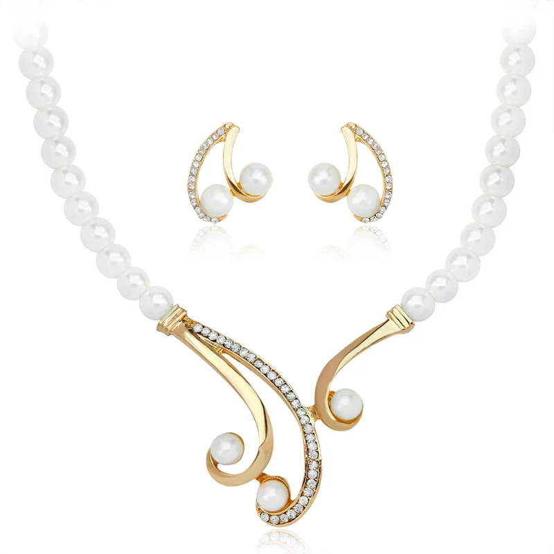 New Arrival Women Pearl necklace earrings set fashionable brazilian18k gold plated bridal beads african dubai  jewelry set