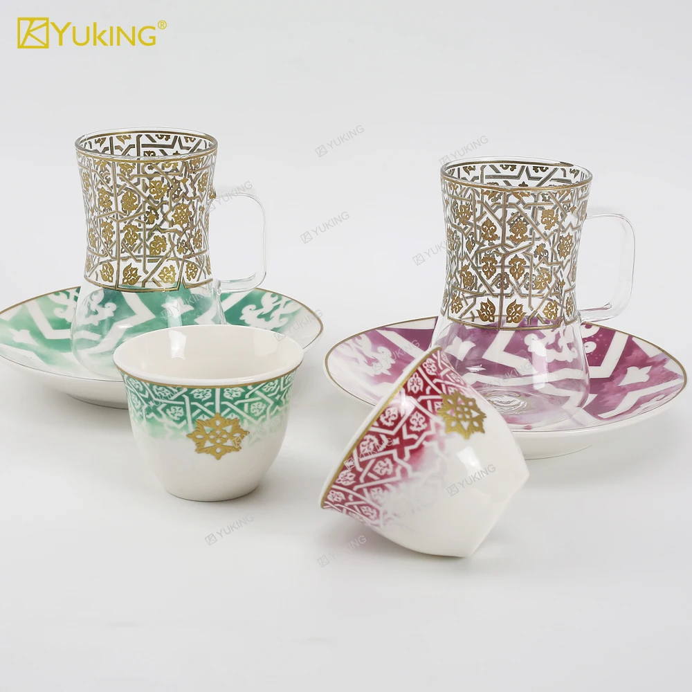 New Model 18pcs Arabic Turkish Espresso Waist Clear Glass Tea and Coffee Set Luxury Kawa Cup Tea Cups Set