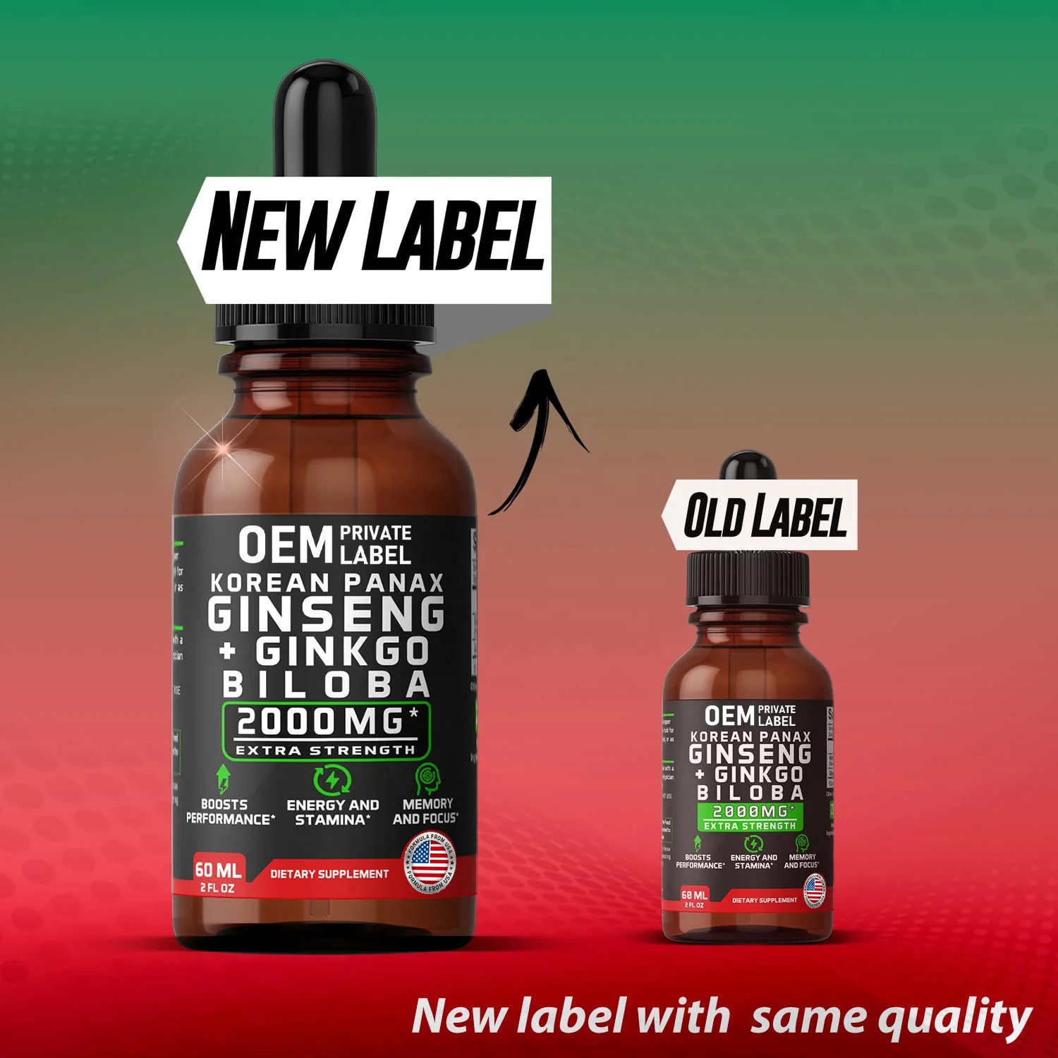 OEM Vegan Korean Red Panax Ginseng+Ginkgo Biloba Root Extract Liquid Drops Strength for Men & Women Energy, Performance & Focus