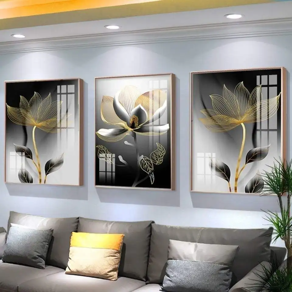 Wholesale Framed Wall Art Painting Modern Luxury Decoration Painting Design Crystal Porcelain Painting 3 Pcs In A Set