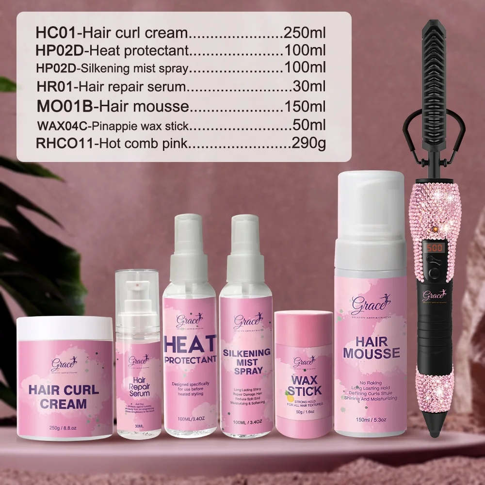 Private label wax stick hair repair serum heat protectant spray curly hair mousse Straightening 500F hot comb hair styling Kit