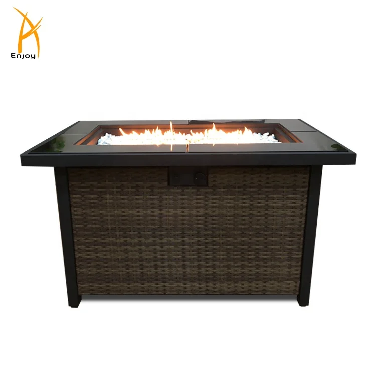 
44inch Gas fire pit outdoor wicker fire table glass table top with sliding door 