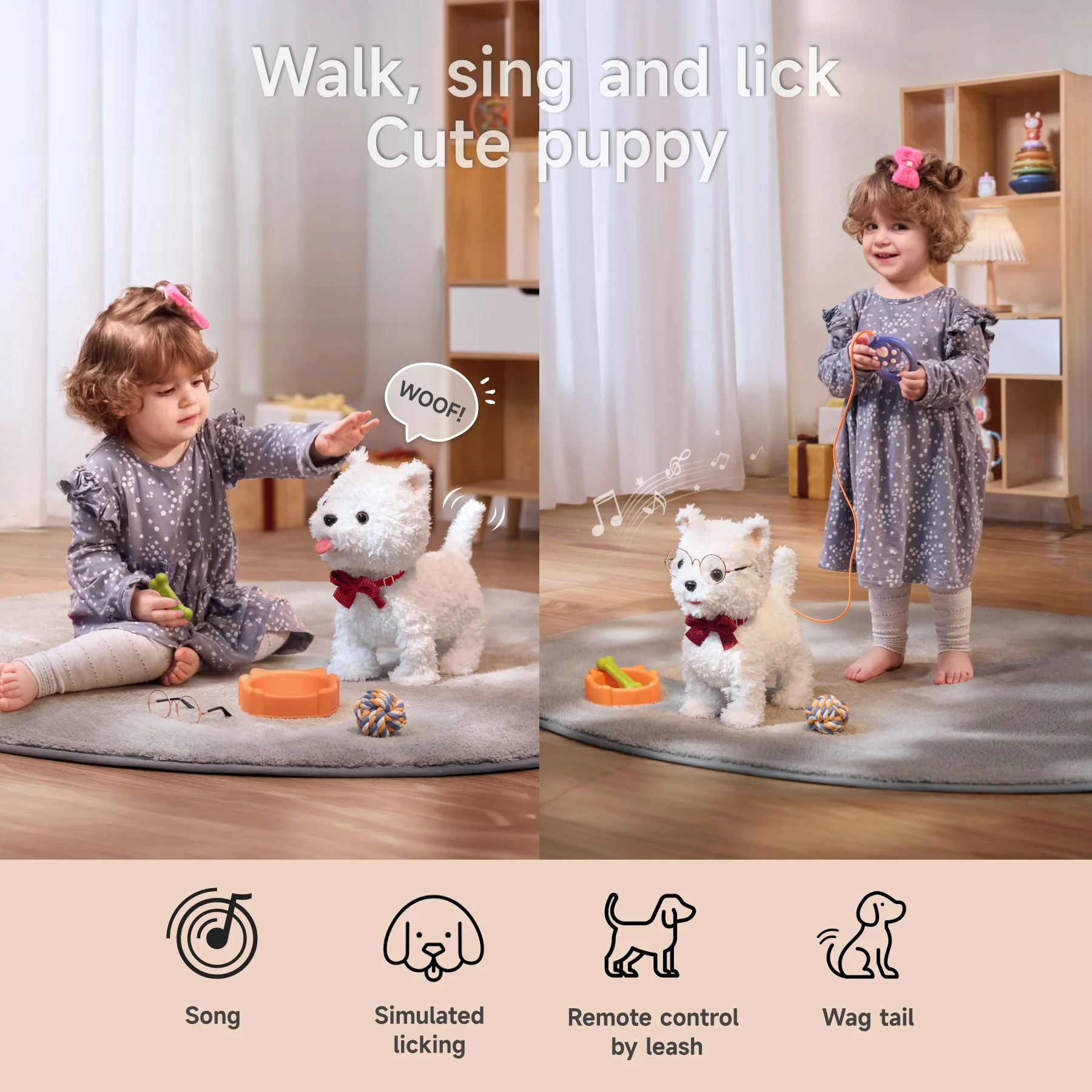 Tumama Kids Surprise Gift Products White Plush Pet Dog Electric Playing Toys Touch Control Doggy Puppy Walking Toy with Leash