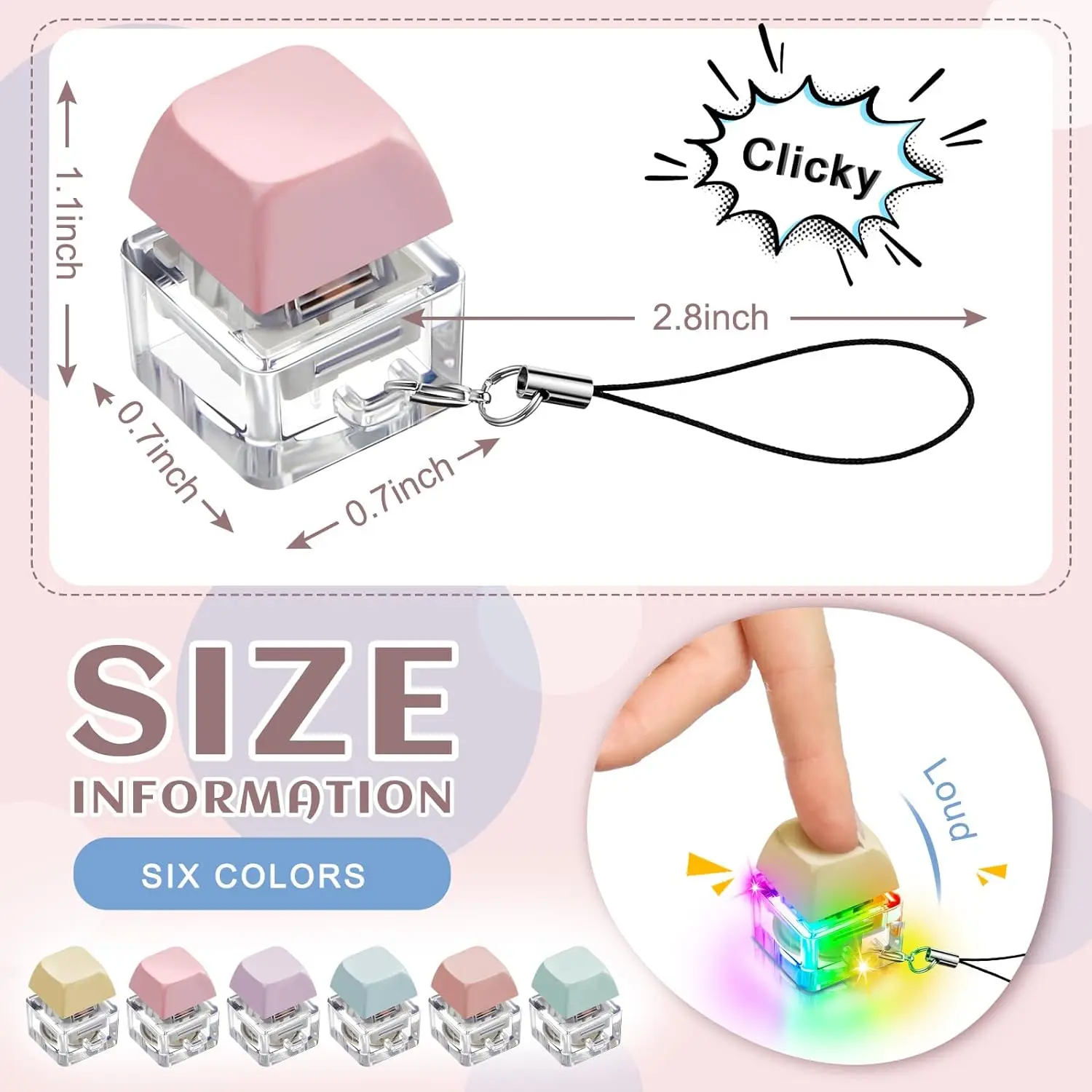 6pcs Keyboard Fidget Keychain with LED Light Keyboard Decompressiion Toys Fidget Button for Adult Gifts to Pass the Time