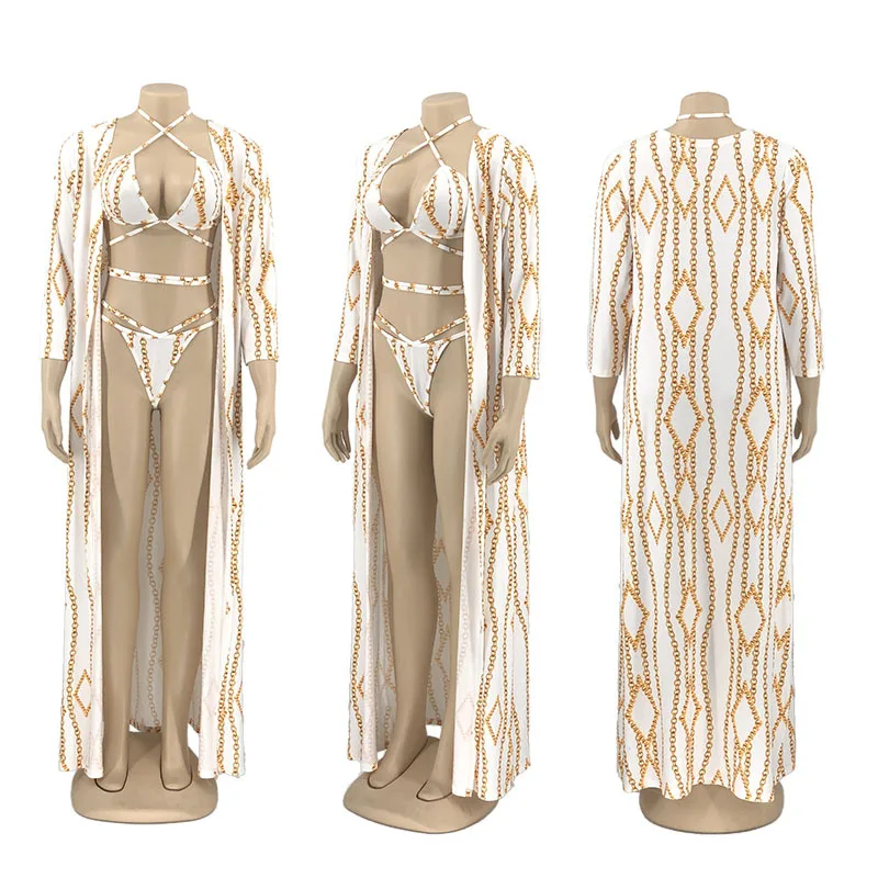 3 Piece Swimwear Sexy Printing String Bikini Swim Suit With Cover Up