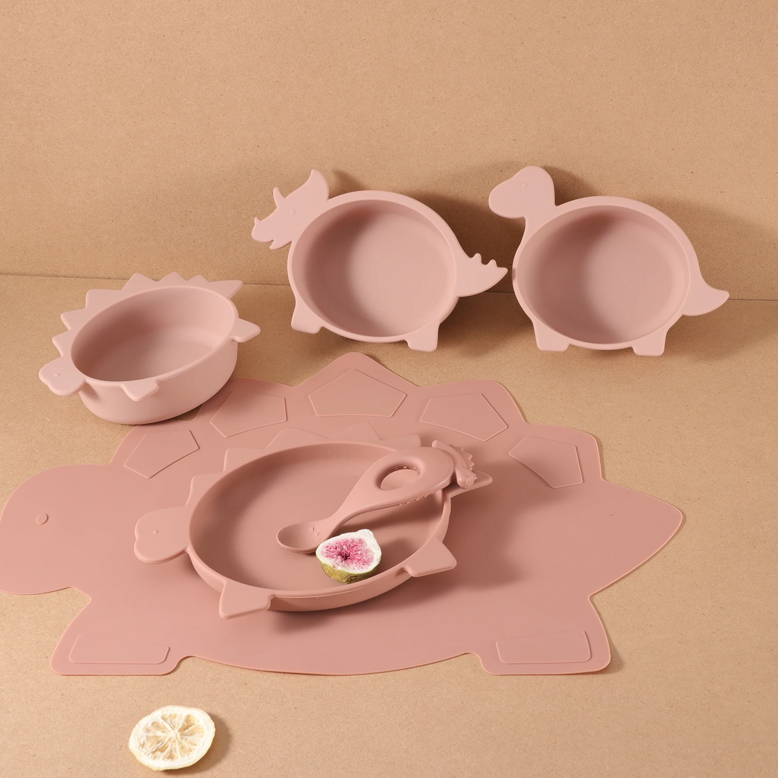 Food Grade Dino Silicone Spoon Bowl Plate Placemat Kids Dining  Led weaning Set Silicone Baby feeding set  baby plates sets