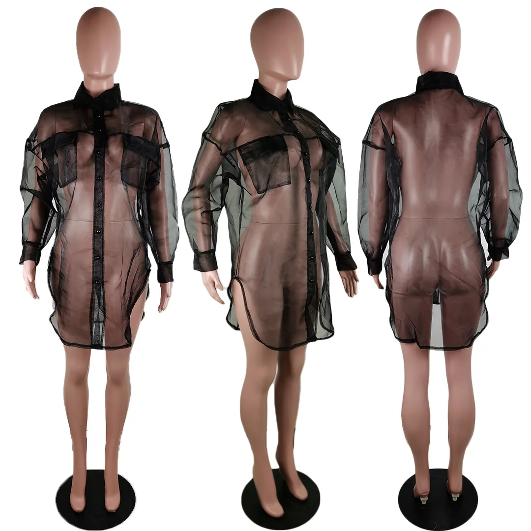 Hot Sale Women Sexy Long Sleeve Loose See Through Mesh Blouse 2021 New Arrivals Ladies Club Retro Transparent Organza Shirts