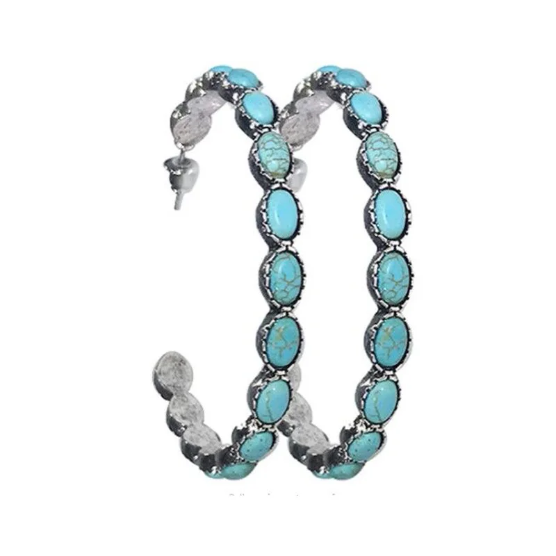 European and American retro western style turquoise big circle round C-shaped turquoise ear hoop earrings jewelry