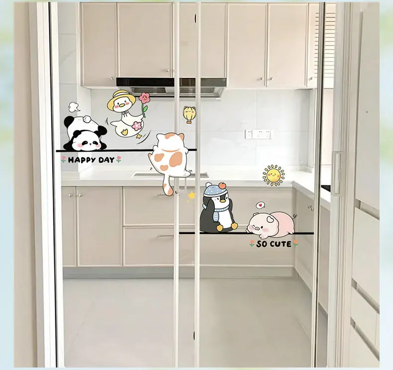 Cute Panda Glass Doors Windows Anti collision Stickers Coffee Milk Tea Shop Showcase Kitchen Sliding Door Decoration