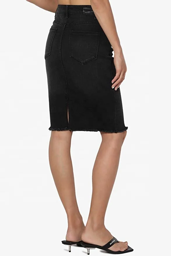 Butt Lift Pencil Knee Length Midi Stretch Soft Denim Skirt