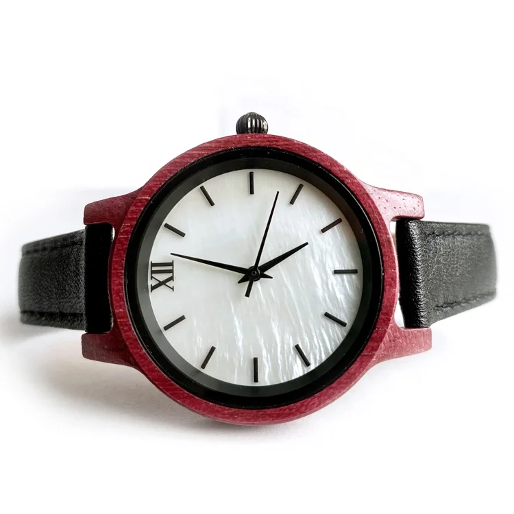 Drop Shipping 2020 Black Leather Strap Quartz Wood Watch For Women Shell Dial Gold Index