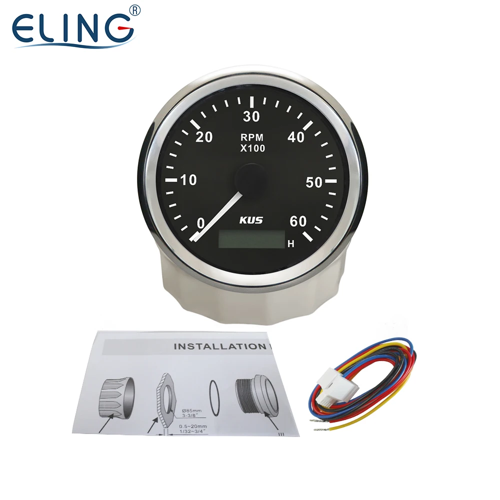 KUS Tachometer RPM Gauge REV Meter with Hour Meter 0-6000RPM 85mm 12V/24V with Backlight