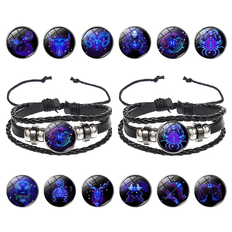 Punk 12 Zodiac Signs Animal Charm Multilayer Braided Bracelet with Glass Gem Luminous Black Leather Bracelet for Men and Women