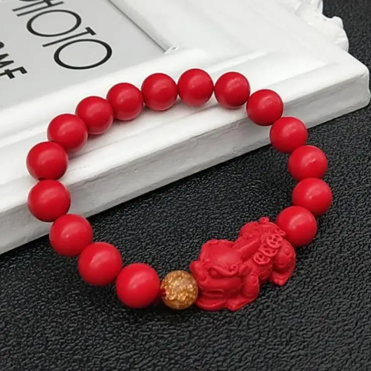Pixiu Natural Stone Chinese Feng Shui Pi Xiu Red Beads Gold Wealth and Good Lucky Unisex Bracelets