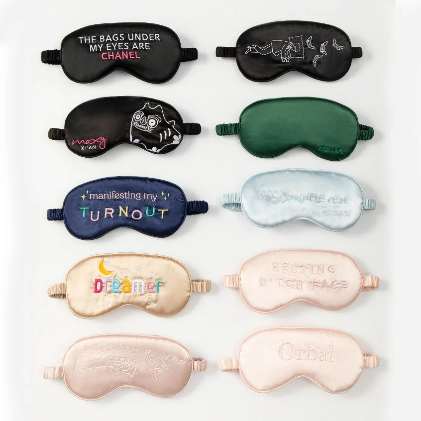 Custom Logo Design Embroidery Digital Print Double-Side Satin Silk EyeShade Plain Sleeping Eye Mask Cover with Elastic Band