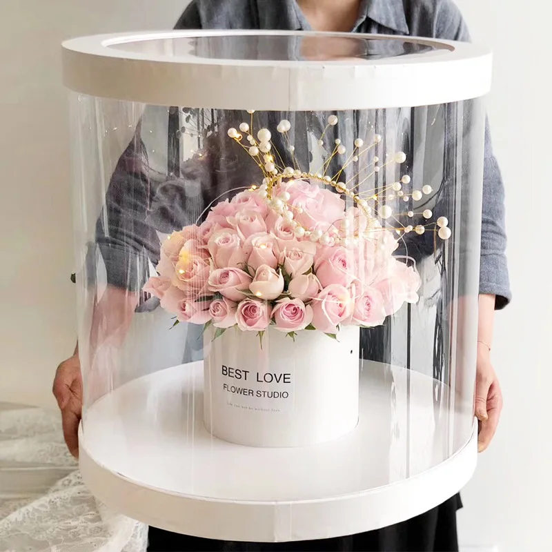 Giant round Korean flower box bucket holding flower arrangement paper box PVC transparent window gift flower box