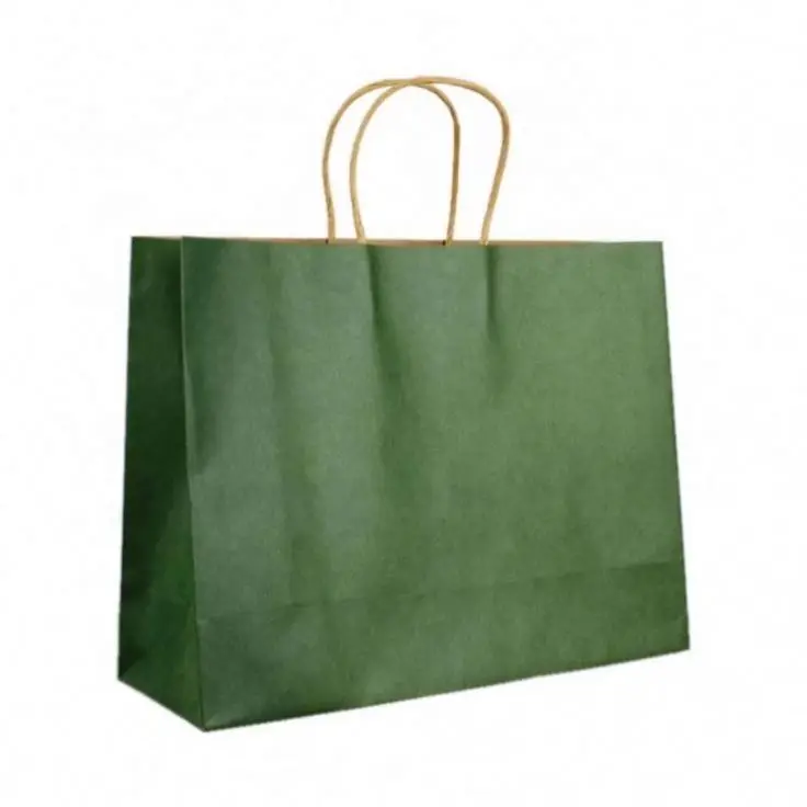 Factory Direct Reusable Green And Brown Kraft Paper Packaging Tote Shopping Bag For Food Or Apparel Packaging