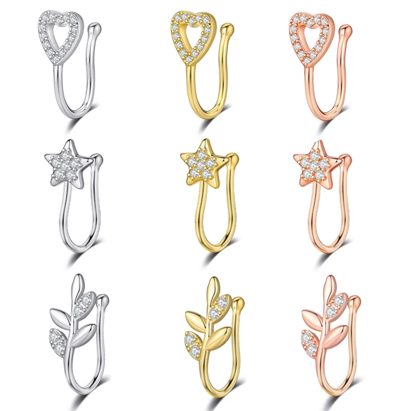 Wholesale Fashion Heart Star Zircon Faux Fake Piercing Jewelry Nose Cuffs Non Piercing Clip On Hinged Gold Nose Rings For Women