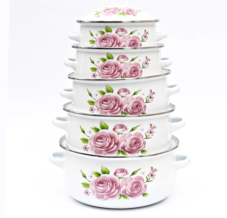 High quality cooks tradition enamel camping pot 5 Pcs Enamel Pot Sets with Decal Flower Cover