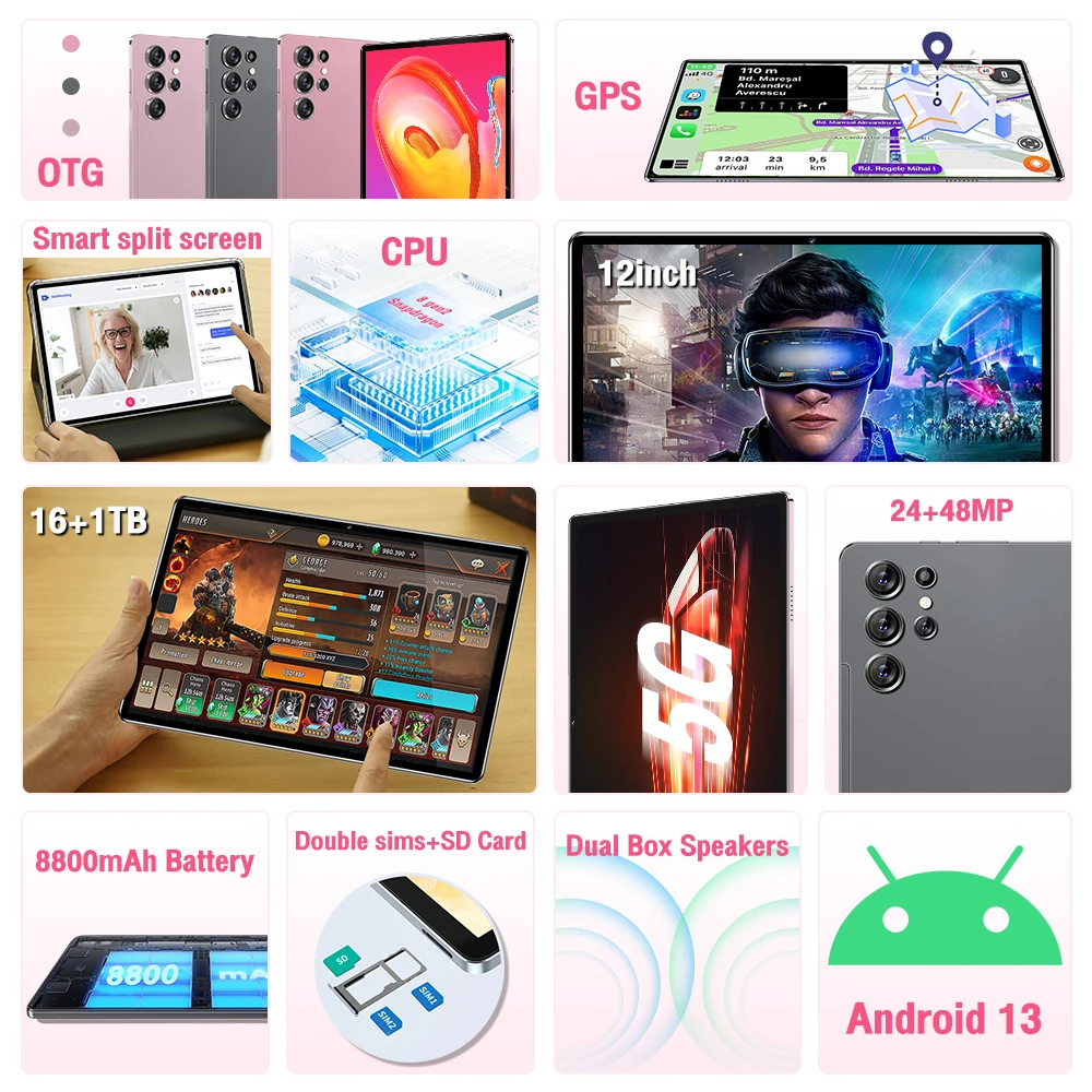 Hot Selling Pad Ultra original 16GB+1TB Tablet 24MP+48MP 8800 mAh Double SIM SD Card Android 13 Tablet PC Laptop