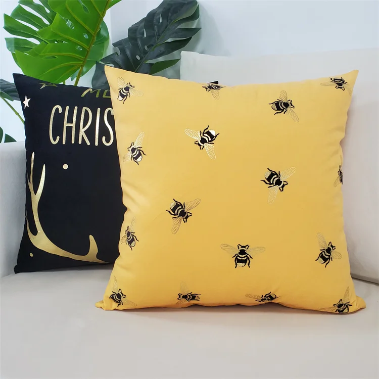 Cute Gold Stamp Bee Design Animal Cushion Cover Wholesale Velvet Throw Pillow Cover