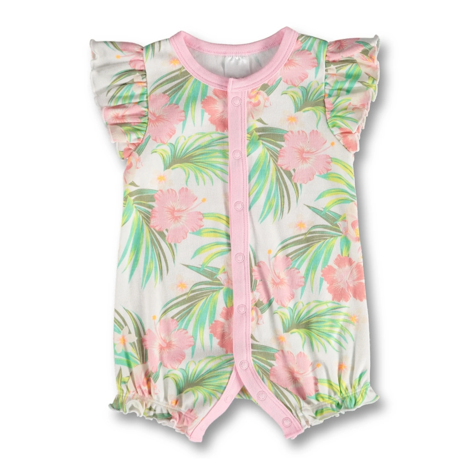 Summer Sleeveless Ruffle Baby Girl Custom Clothes Flowery Print Frill Rompers Round Neck Pearly Buttons Baby Girls Rompers