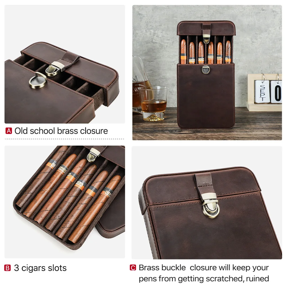 Custom Portable Cigar Case 6 Slot Travel Leather Vintage Cigar Humidor Holder Box Embossed Logo