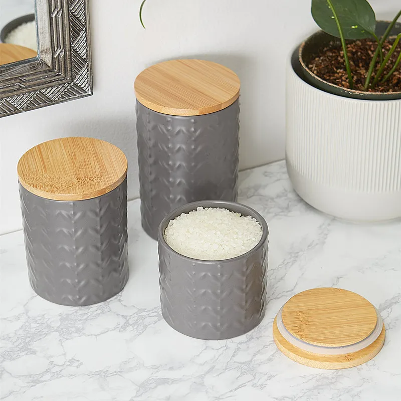 Kitchen Tea Coffee Sugar Salt Ceramic Storage Jar Matte Retro Vine Texture Grey Canister Set with Bamboo Lid